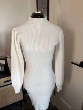Cream Ribbed Mock Neck Sweater Dress
